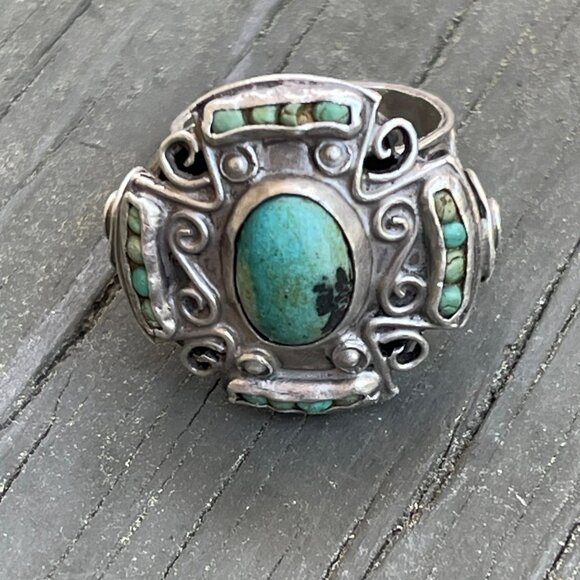 Vintage Sterling Silver Turquoise Ring Handmade Intricate Design Size 8  Boho Ch - Picture 1 of 11